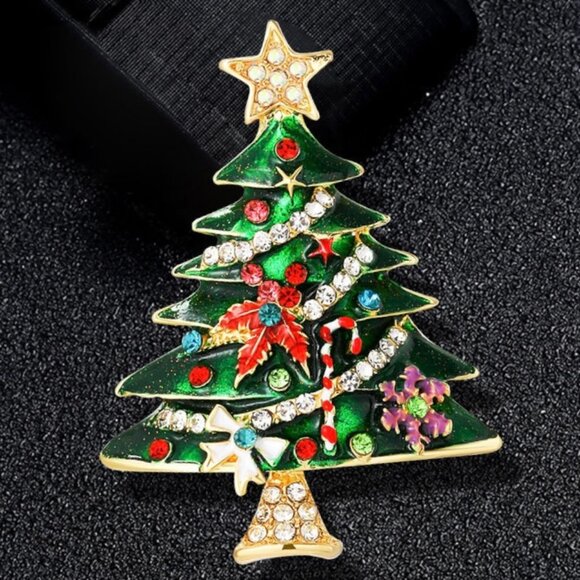 Large Christmas Tree Brooch Christmas Pin Rhinestone Christmas Tree Pin - Picture 5 of 5